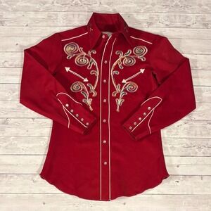 Vintage H Bar C Western Shirt Mens Red Embroidered Arrow Rockabilly Cowboy